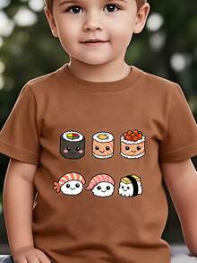 Top de manga corta sencillo, informal y bonito con estampado para niños, ideal para el verano. - Marrón - Ver 1