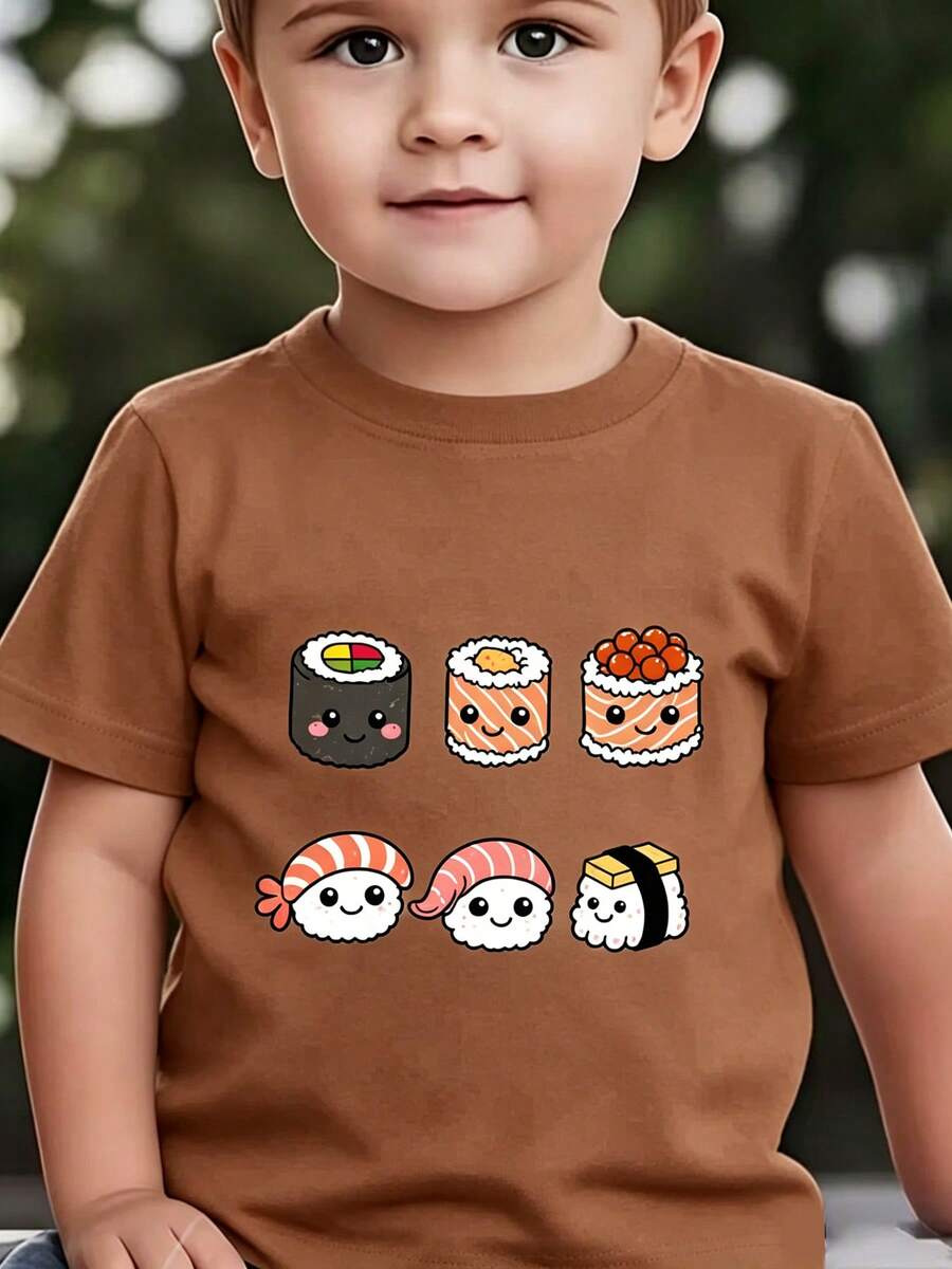 Top de manga corta sencillo, informal y bonito con estampado para niños, ideal para el verano. - Marrón - Ver 1