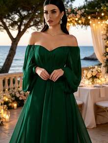 Women's Solid Color Off Shoulder Lantern Sleeve Casual Wedding Dress Spring White - 墨綠色 - 查看 2