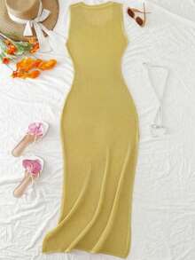 Nuevo bikini sexy, ropa de playa casual diaria, vestido de punto minimalista sin mangas para vacaciones, estilo casual elegante, textura de red, chica sexy estilo francés, estilo bohemio, vestido de suéter versátil y de alta gama para mujer - Amarillo - Ver 2
