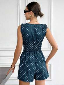 2 piezas Conjunto casual de mujer con blusa con volantes y lunares y shorts - Azul marino - Ver 2