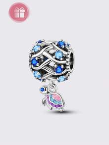 1 pieza Diseño original de cuentas de color plateado para el verano con serie de tortugas marinas azules, con incrustaciones de circonita cúbica brillante, apto para hacer pulseras y collares DIY, regalos elegantes - Plateado - Ver 5