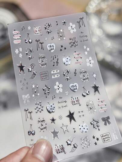 1 Stück 5D Gothic Dark Cute Nagel Sticker, luxuriöse silberne Cartoon Stern & Herzschlag Nail Art Abziehbilder DIY Accessoires