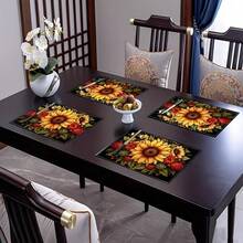 18*11.81 Inch (45*30cm) Sunflower Print Rectangular Placemats, Available In 1/2/4/6/8/30 Sets, Made Of 100% Polyester With Non-Slip And Heat-Resistant Properties, Machine Washable, Hand Washable And Dry Cleanable, Ideal For Daily Dining And Home Decor, Perfect For Country And Boho Style Enthusiasts - Multicolor - View 6
