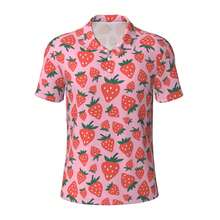 Trendsetter Young Male Strawberry All Over Print Ice Silk Polo Shirt Three-Button Breathable Cool Streetwear Party Wear Summer Daily - Black - View 3