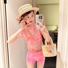 Sexy swimsuit women's 2026 new printed T-shirt looks thin and beautiful, cute, small breasts split, flat angle hot spring vacation - ピンク(高品質) - チェックする 2