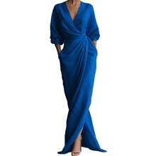 2026 New Solid V Neck Long Sleeve Dress Women Split Hem Waist Slim With Pockets Midi Dress - trắng - Xem 6