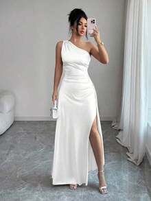 Vestido de noche largo y sexy para mujer con un hombro, cintura fruncida y abertura alta, de satén de lujo, nuevo para el verano de 2026 - Blanco - Ver 8