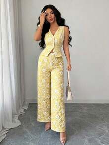 Conjunto de 2 piezas de chaleco y pantalones azules, con estampado de margaritas africanas, jacquard en relieve, elegante y casual para uso diario y de oficina, para mujer - Amarillo claro - Ver 5