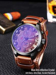 NARY 1 pieza Reloj de cuarzo casual deportivo para hombre, esfera redonda marrón, correa de cuero PU, resistente al agua, con calendario y puntero, adecuado para decoración diaria - Marrón - Ver 4