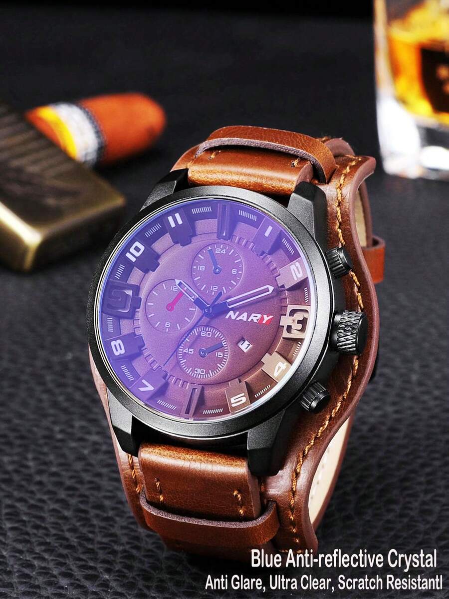 NARY 1 pieza Reloj de cuarzo casual deportivo para hombre, esfera redonda marrón, correa de cuero PU, resistente al agua, con calendario y puntero, adecuado para decoración diaria - Marrón - Ver 1
