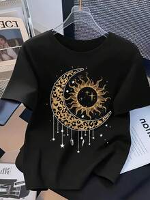 Camiseta de manga corta con estampado de estrellas y lunas, cuello redondo para mujer, ropa casual de moda para mujer, camiseta de algodón cómoda, versátil y casual. - Negro - Ver 1