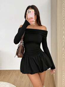 Vestido mini de manga larga de un hombro con volantes en el bajo para mujer, para primavera y otoño - Negro - Ver 7