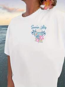 Plus Size, Summer Women's T-Shirt With Back Print, Casual Plus Size, Round Neck, Wide Shoulders, Comfortable Loose-Fitting Top, Summer Tops - White - View 3