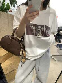 Camiseta casual de manga corta con estampado y cuello redondo para mujer , 100% algodón. - Blanco - Ver 4