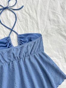 Camiseta de cuello halter casual gris azul texturizada para mujer de vacaciones - Azul - Ver 5
