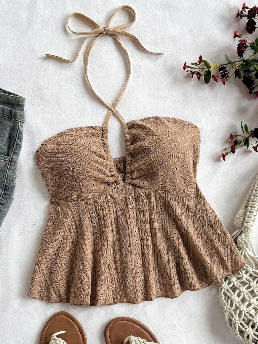 Camiseta de cuello halter casual gris azul texturizada para mujer de vacaciones - Marrón - Ver 1
