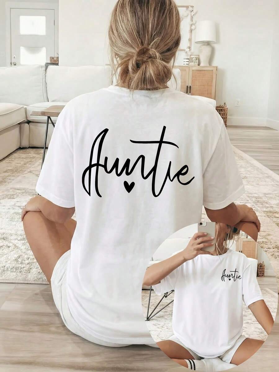 Women's T-Shirt With Double-Sided Front/Back Print - Short Sleeve, Round Neck, Casual Style, Suitable For Casual Wear, Machine Washable, With "Auntie" And Heart Print, Non-Blouse Style For Layering Or Wearing As A Top, 100% Cotton - 白色 - 查看 1
