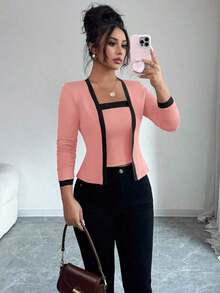 Set de 2 piezas: Top de mangas largas con panel de color elegante de frente abierto y camiseta sin mangas para mujer - Multicolor 3 - Ver 7