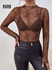ROSIE POPHUB Women's Light Brown Sheer Lace Blouse, Elegant For Parties And Holidays, Fitted Silhouette, Layered Design, New Spring/Summer Collection - Brown - View 3