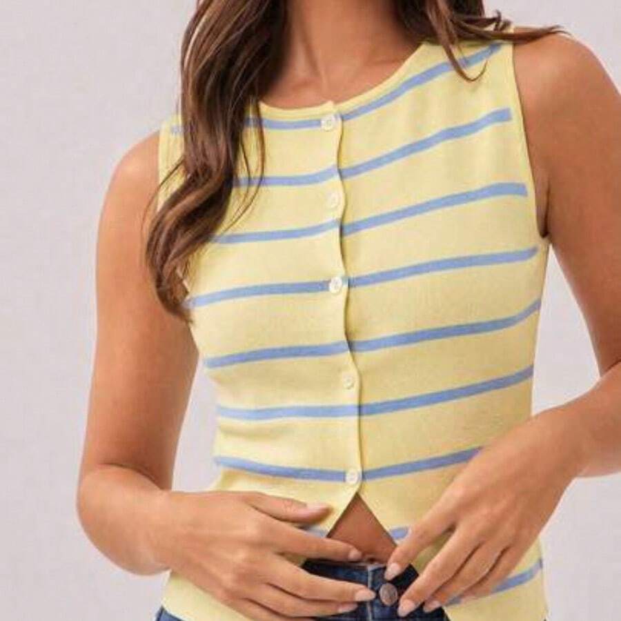 Boatneck Button Front Split Hem Fitted Sleeveless Striped Cardigan Knit Top Spring, Resort Wear, Summer, Festival, Country Music Concert Outfit, Western Wear For Women, Casual, Cute, Boho, Vacation, Beach - Amarillo - Ver 1
