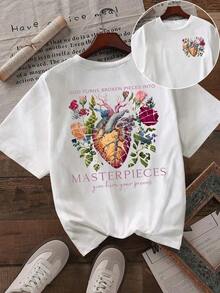 T-shirt med hjärta- och blomstermönster, kortärmad, rund hals, ledig topp för sommar och vår, damkläder, semesterkläder, vit sommaroutfit för kvinnor. - Weiss - Visa 6