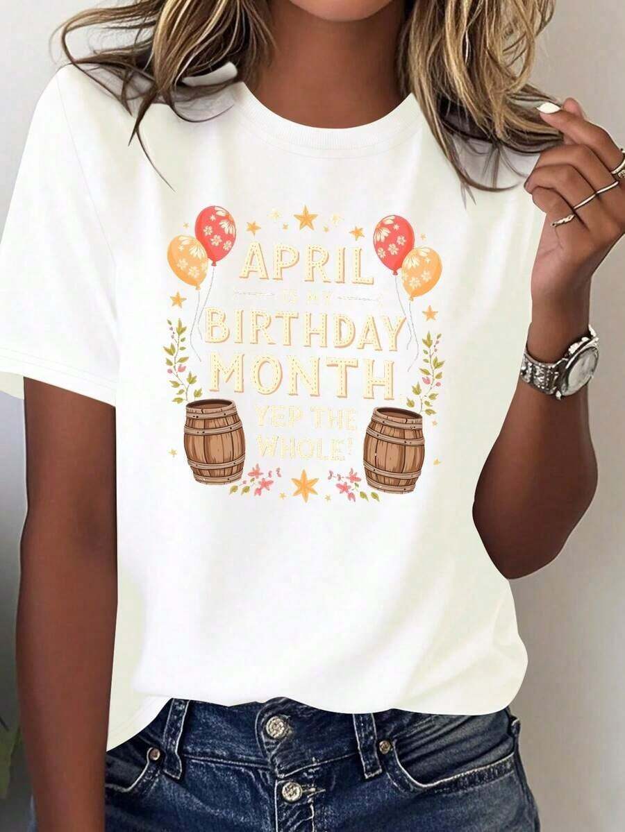 Women's Summer Graphic T-Shirts - Celebrating April's Birth Month - 100% Comfortable, Printed With Balloons, Stars, And The Slogan "April Is My Birth Month" - Casual Birthday Party Wear For All Seasons For Those Born In April, 100% Cotton. Women's Short-Sleeved T-Shirt, A Basic Style That Goes With Everything, For Indoor And Outdoor Wear. - 白色的 - 查看 1