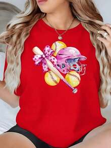 Minimalist Illustration Of A Bright Pink Helmet With A Bat And Softballs Adorned With A Bow, Symbolizing Feminine Energy And Love For Sports. Women's 100% Cotton T-Shirt, Elegant And Comfortable. Women's Simple Solid Color T-Shirt, Loose And Slim Fit Casual Short Sleeve - 紅色的 - 查看 12