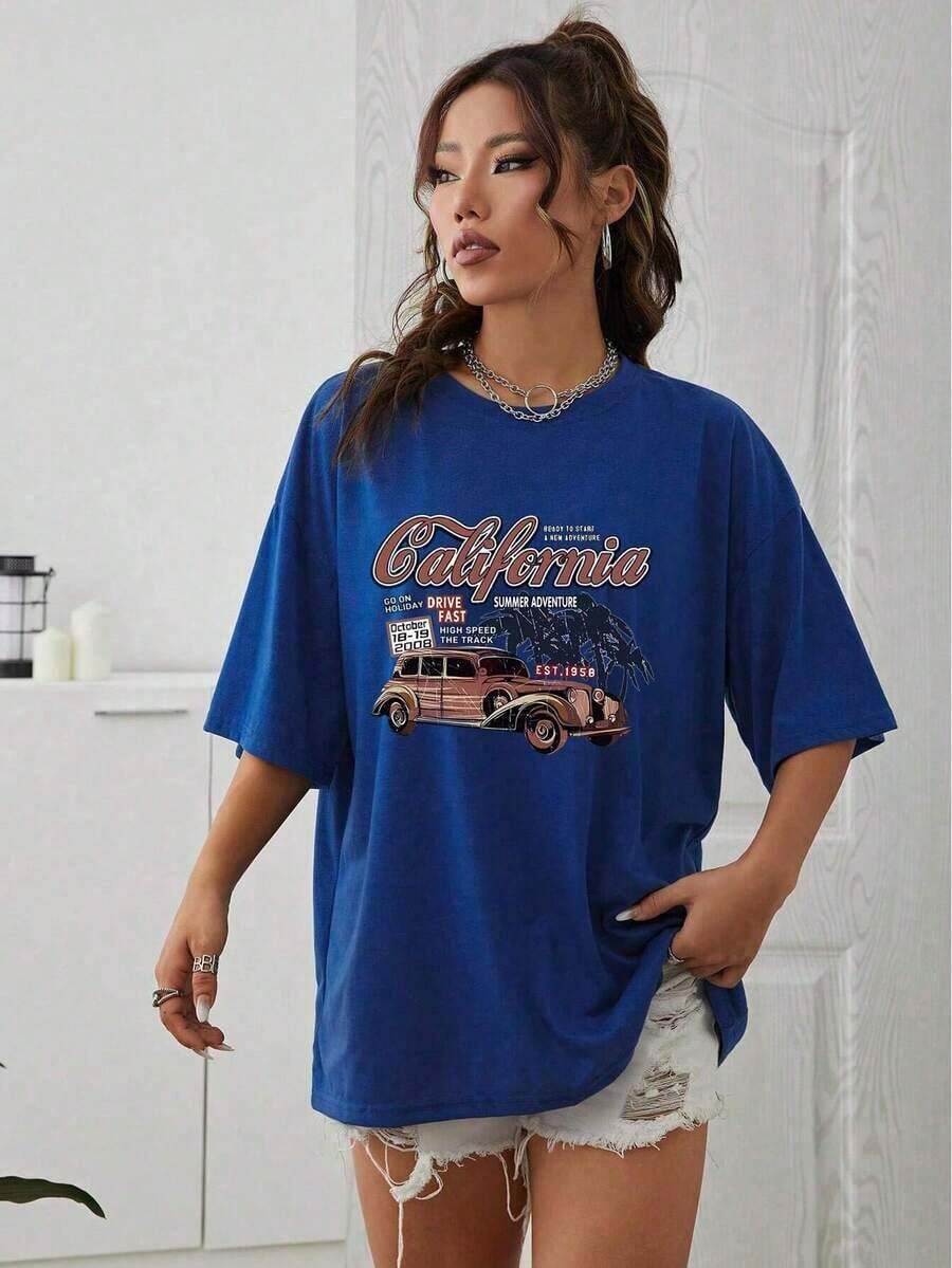Off-The-Shoulder T-Shirt With Car Print And Slogan - Blue - View 1