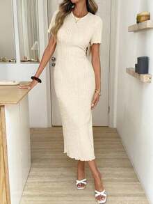 Vestido Midi Casual de Mujer , Color Amarillo Crema, Tejido Acanalado - Amarillo - Ver 9
