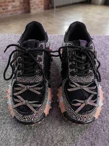 Nuevas zapatillas deportivas con plataforma y lazo completamente enjoyado con diamante de imitación, zapatos casuales de moda y cómodos para el uso diario - Negro - Ver 4