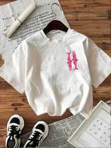 Women's Casual Top, Spring Summer Fashion, Vintage Style, Printed With The Word "Sustainably Fished Sardines", Pure Cotton Short Sleeve Round Neck T-Shirt [Ling], Summer. - 白色 - 查看 2