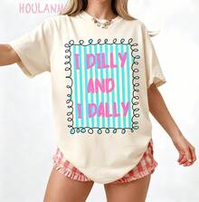 GiftGiftGiftGiftMexican National Soccer Team T-Shirt Women's Pink Striped Graphic T-Shirt "I Dilly And I Dally" | Spring Tops, Plus Size Short Sleeve T-Shirt, Women's Clothing, Women's Summer T-Shirts, Soft.SoftSoft - 杏子 2 - 查看 6
