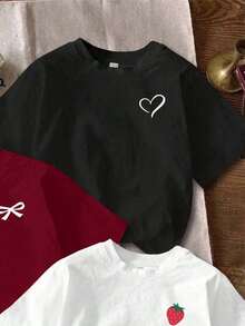 Set de 3 camisetas cortas de mujer de manga corta y cuello redondo con estampados minimalistas casuales de corazón, lazo y fresa - Multicolor 2 - Ver 4