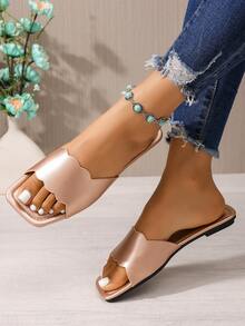 New Women's Fashion Summer Sandals, Slip-On Slippers, Party/Birthday Gift, Solid Color Square Toe Outdoor Casual Shoes, Minimalist Elegant Flat Beach Slides, Easy To Match, Comfortable For All-Day Wear Indoor And Outdoor - Rose Gold - View 3