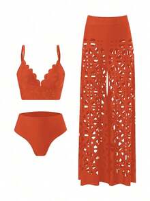 Conjunto de 3 piezas de traje de baño de verano para mujer: Top con tirantes en unicolor, shorts de talle alto, y cubre-traje de baño largo con diseño hueco, conjunto de bikini de moda para resort - Óxido marrón - Ver 3