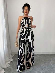 Women's Printed Jumpsuit With A Fitted Waist, Elegant For Holidays And Everyday Wear With A Halter Neck - 黑色 - 查看 7