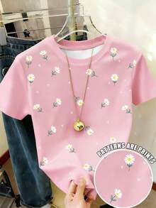 Camiseta casual versátil de mujer con cuello redondo y manga corta con estampado de margaritas - Multicolor 2 - Ver 6