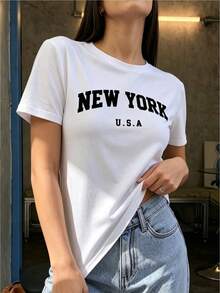 New York Letter Print T-Shirt, Women's Short Sleeve Crew Neck Casual Spring Summer Casual Blouse - 白色 - 查看 8