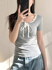 女士休闲T恤，荷叶边装饰，前系带，春夏款 - 灰色 - 查看 3
