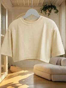 Blusa de mujer de cuello redondo, manga corta, holgada y casual, de estilo minimalista, elegante y sexy Y2K, adecuada para uso diario, oficina, hogar, exterior, primavera/verano - Albaricoque - Ver 1