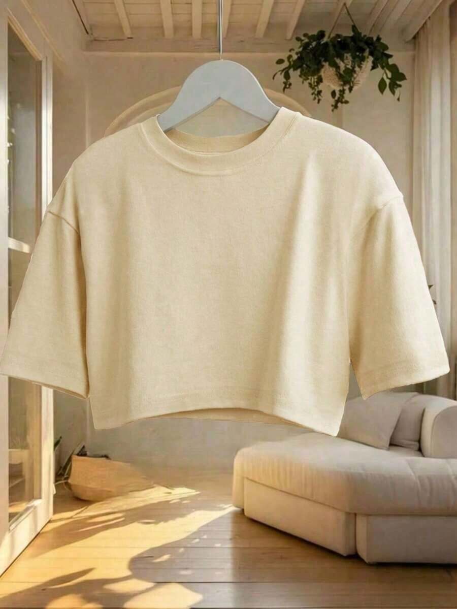 Blusa de mujer de cuello redondo, manga corta, holgada y casual, de estilo minimalista, elegante y sexy Y2K, adecuada para uso diario, oficina, hogar, exterior, primavera/verano - Albaricoque - Ver 1