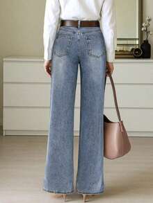 Jeans rectos y holgados para mujer con bolsillos.Sencillos, casuales, elegantes y versátiles, adecuados para todas las estaciones.Perfectos para viajar, la playa y las vacaciones de primavera - Azul - Ver 2