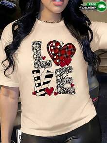 Camiseta de manga corta para mujer con estampado de letras LOVE con diseños de leopardo y cuadros, cuello redondo, de poliéster, apta para uso diario, salidas casuales, fin de semana y citas, estilo casual romántico, ideal para primavera y verano, envío gratis en México. - Albaricoque - Ver 2
