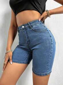 Shorts vaqueros elásticos de corte ajustado con decoración de bigotes de gato para mujer, estilo casual de verano, adecuados para vacaciones, playa, conciertos, festivales de música, creando - Azul marino - Ver 6