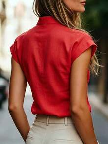 Blusa de manga corta con cuello en pico y color liso, de estilo casual y minimalista para el verano - Rojo - Ver 2