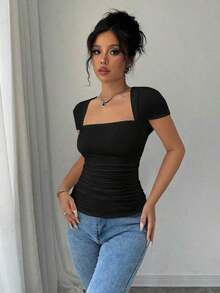 Raffinéa Camiseta ajustado de moda con mangas raglan, cuello en U, cintura fruncida, elástica, blanca, para primavera/verano, para mujeres - Negro - Ver 3