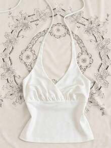 Camiseta de mujer de unicolor con cuello de halter plisado y lazo, versátil para vacaciones y citas - Blanco - Ver 4