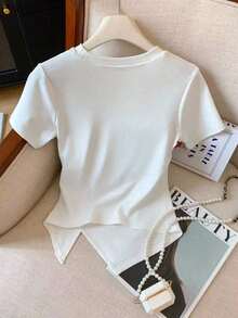 Camiseta de manga corta de cuello redondo con bajo asimétrico de unicolor minimalista, para verano - Blanco 3 - Ver 2