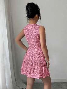 Vestido mini elegante de estilo bohemio con estampado floral, sin mangas y cintura ceñida para mujeres, conjunto de verano con acabado tejido al estilo francés para graduaciones, primavera/verano - Rosa - Ver 2